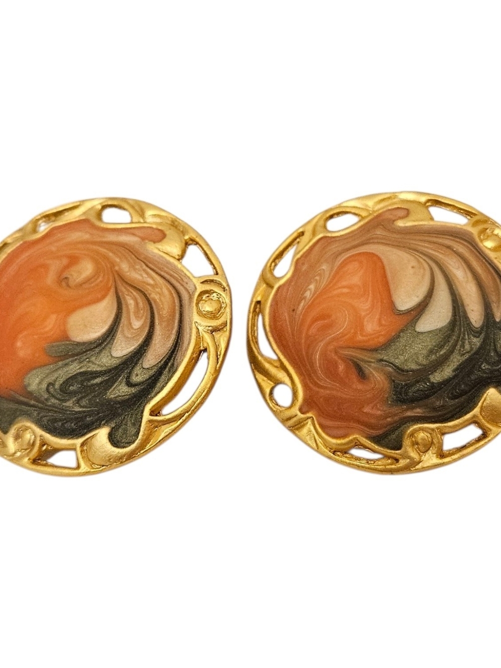 Gold-Tone Swirl Orange and Black Round Stud Earrings Vintage 80s Retro Boho 1.5"